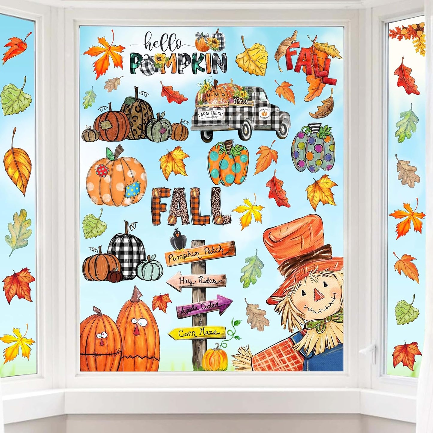 Fall Window Clings Decorations for Glass Fall Watercolor Pumpkin Maple Leaves Scarecrow Truck Window Stickers for Autumn Thanksgiving Harvest Party Home Window Decals Decor