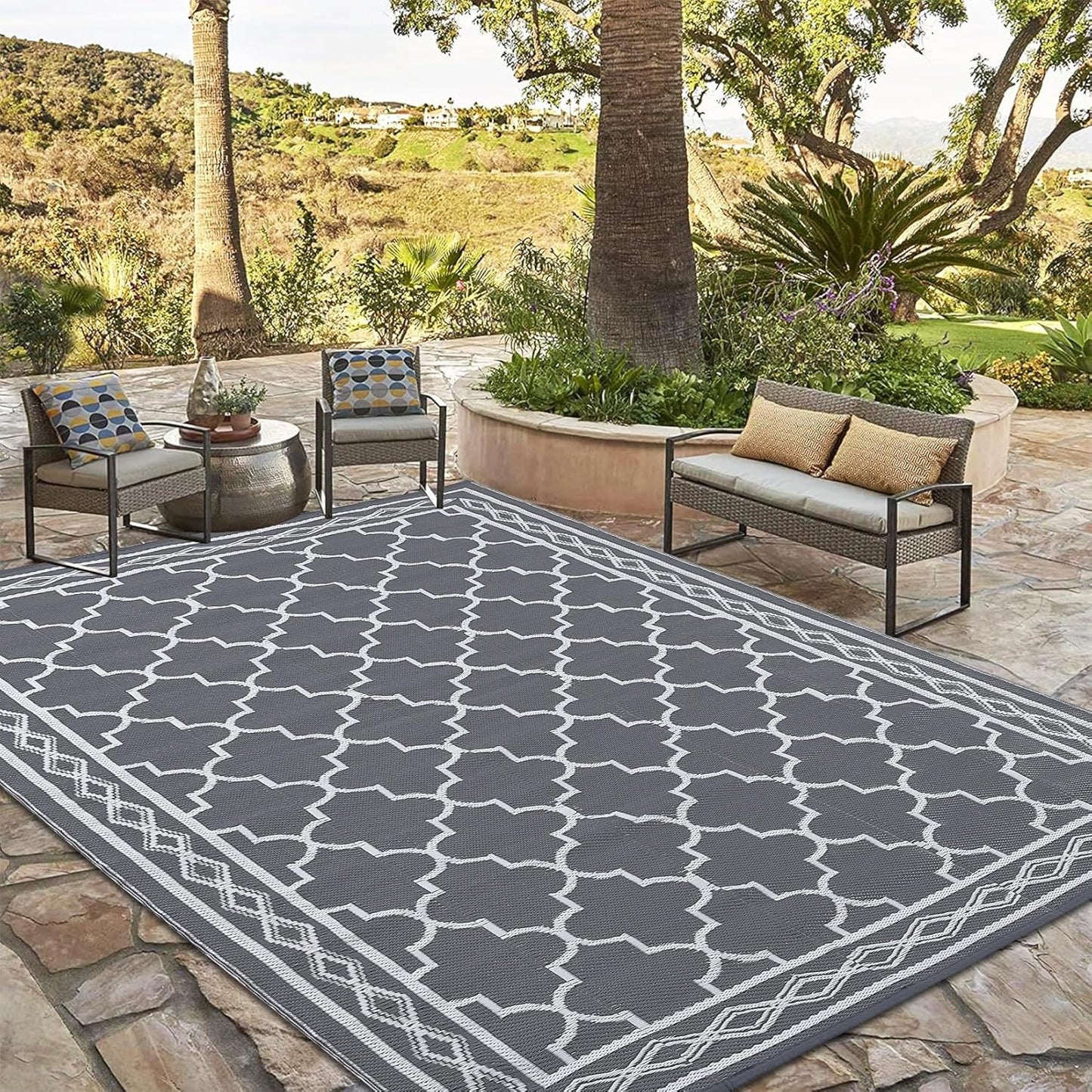 GAOMON Outdoor Rugs Patio Camping Waterproof Rug 6'x9' Plastic Straw Patio Rug Portable for Campers, Outside RVs Mat for Patios Clearance, Backyard Porch, Balcony, Grey/White(Geometric)