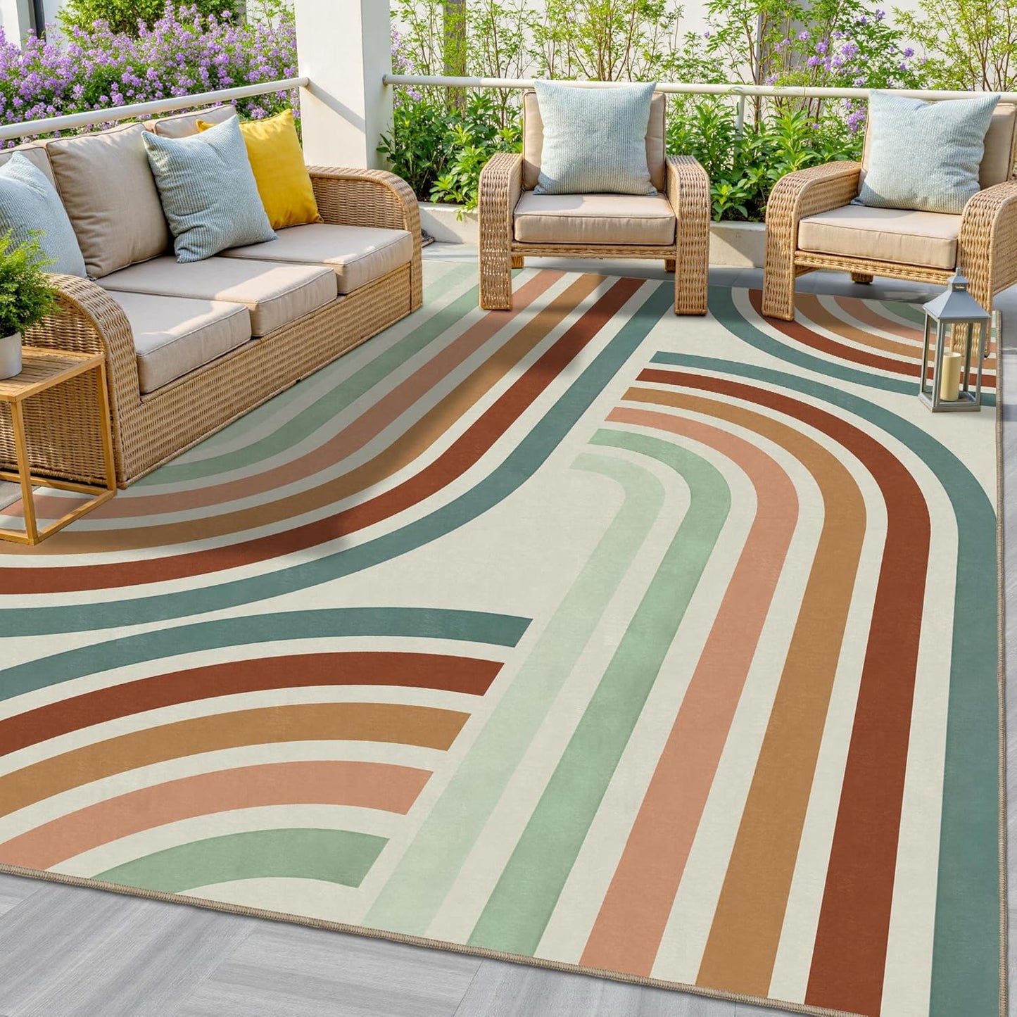 Indoor Outdoor Area Rug, Mid Century Modern Multicolored Outdoor Patio Rug,Washable Abstract Art Rainbow Rugs Non-Slip Carpet for Camping, Bedroom, Deck(8x10)