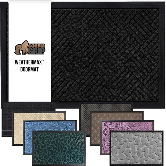GORILLA GRIP 100% Waterproof All-Season WeatherMax Doormat US Designed Natural Rubber, Stain and Fade Resistant, Low Profile Indoor Outdoor Door Mats, Easy Clean Patio Mat, 23x35, Black Diamond