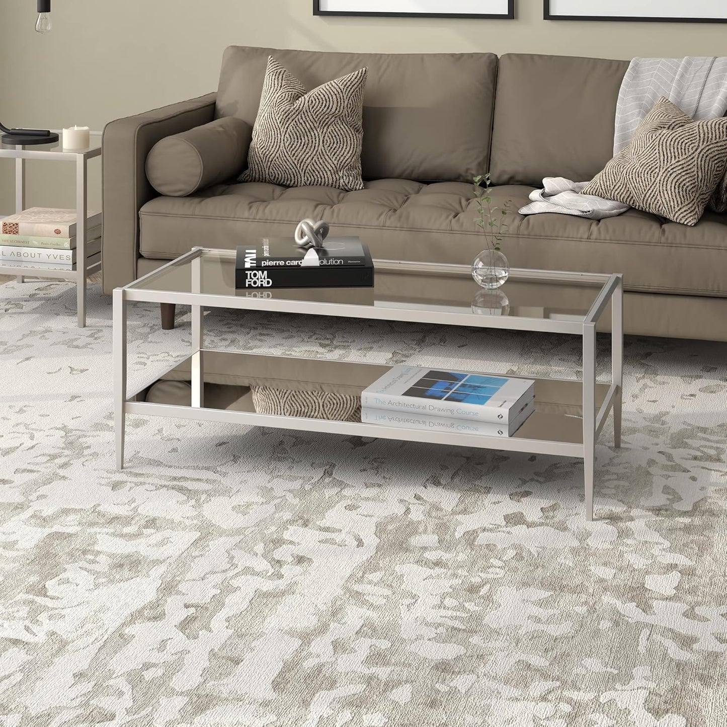 Henn&Hart 45" Wide Rectangular Coffee Table with Mirror Shelf in Satin Nickel, Coffee Table coffee tables for living room, studio apartment essentials