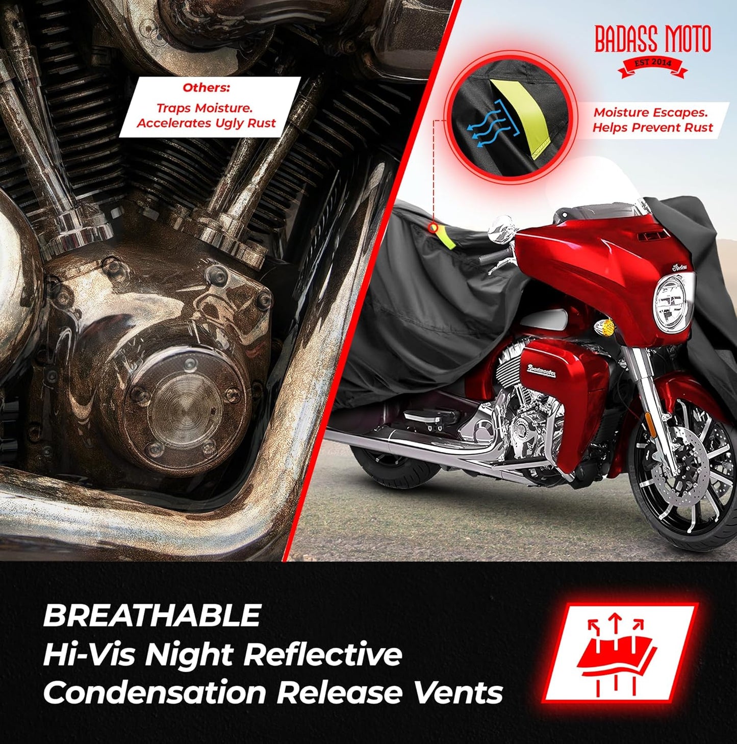 Badass Moto - Extra Large Motorcycle Cover Waterproof Outdoor, Heavy Duty, for Harley Davidson, Night Reflective (108” Full Dressers,Tourers) X-Large