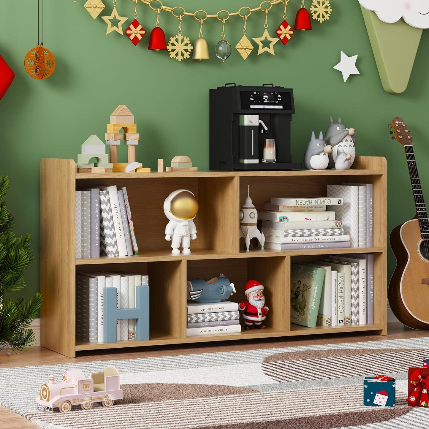 Book Shelf Set of 2, 5 Cubes Storage Organizer, Open Shelf Wooden Bookcase, Freestanding Log Bookshelf Cube Shelf for Bedroom, Living Room, Home Office