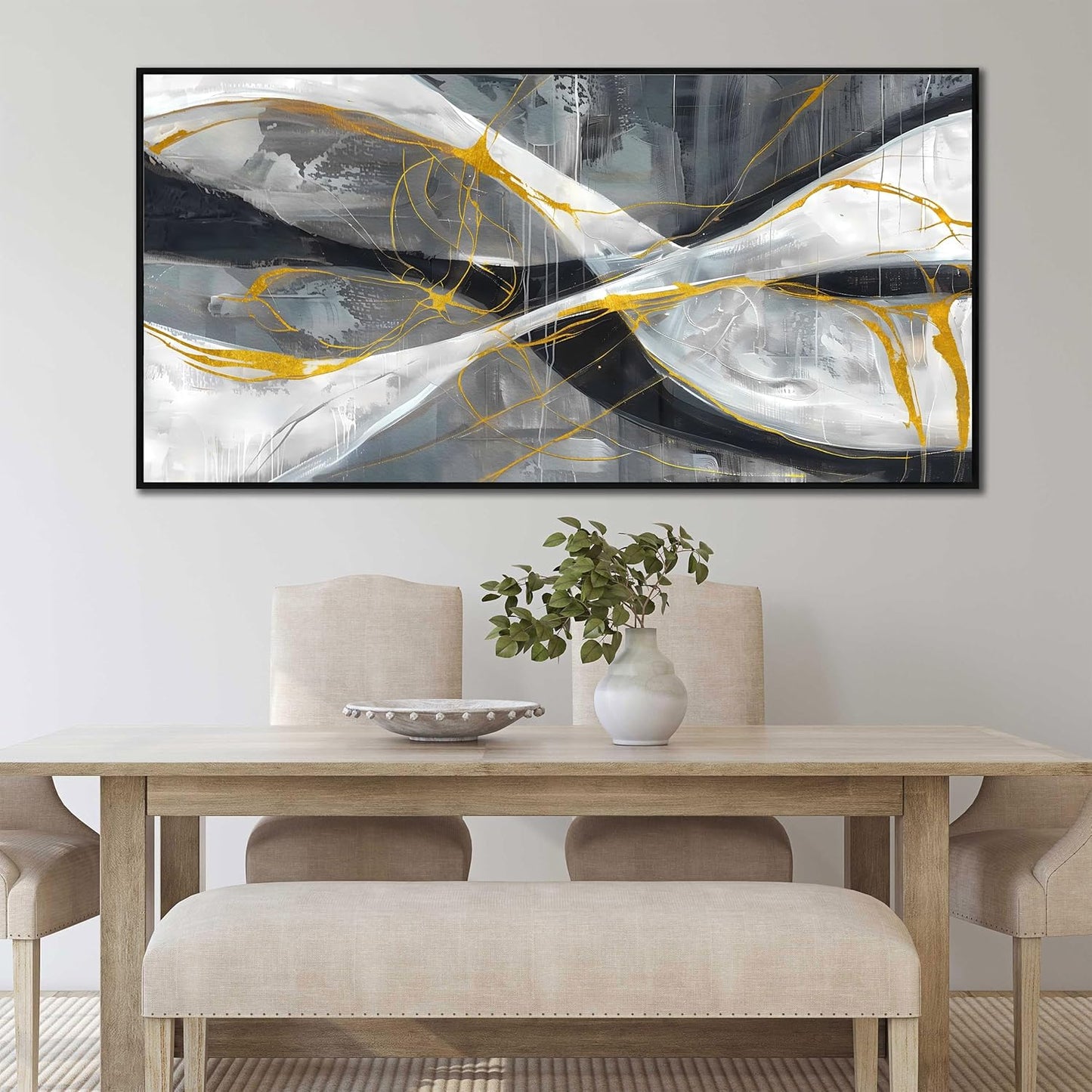 Ouzzlie Abstract Wall Decor Art Modern Canvas Picture Black White and Gold Wall Art for Bedroom Office Decoration 24" x 48"
