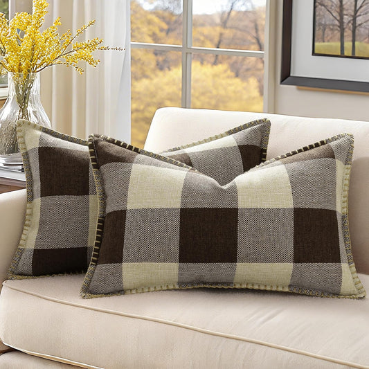 decorUhome Buffalo Plaid Check Throw Pillow Covers 12x20 Set of 2, Outdoor Lumbar Decorative Farmhouse Neutral Pillow Covers with Stitched Edge for Bed Couch Sofa, Brown and Beige