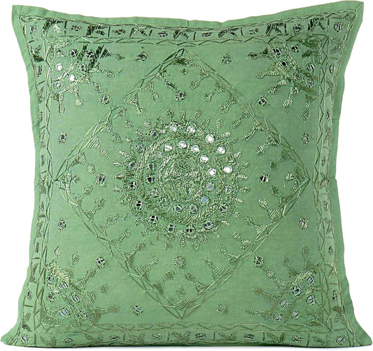 Eyes of India Embroidered Decorative Boho Throw Pillow Cover with Mirrors, Handmade Bohemian Accent Cushion Case for Sofa Couch Bedroom Living Room (Green, 16" x 16")