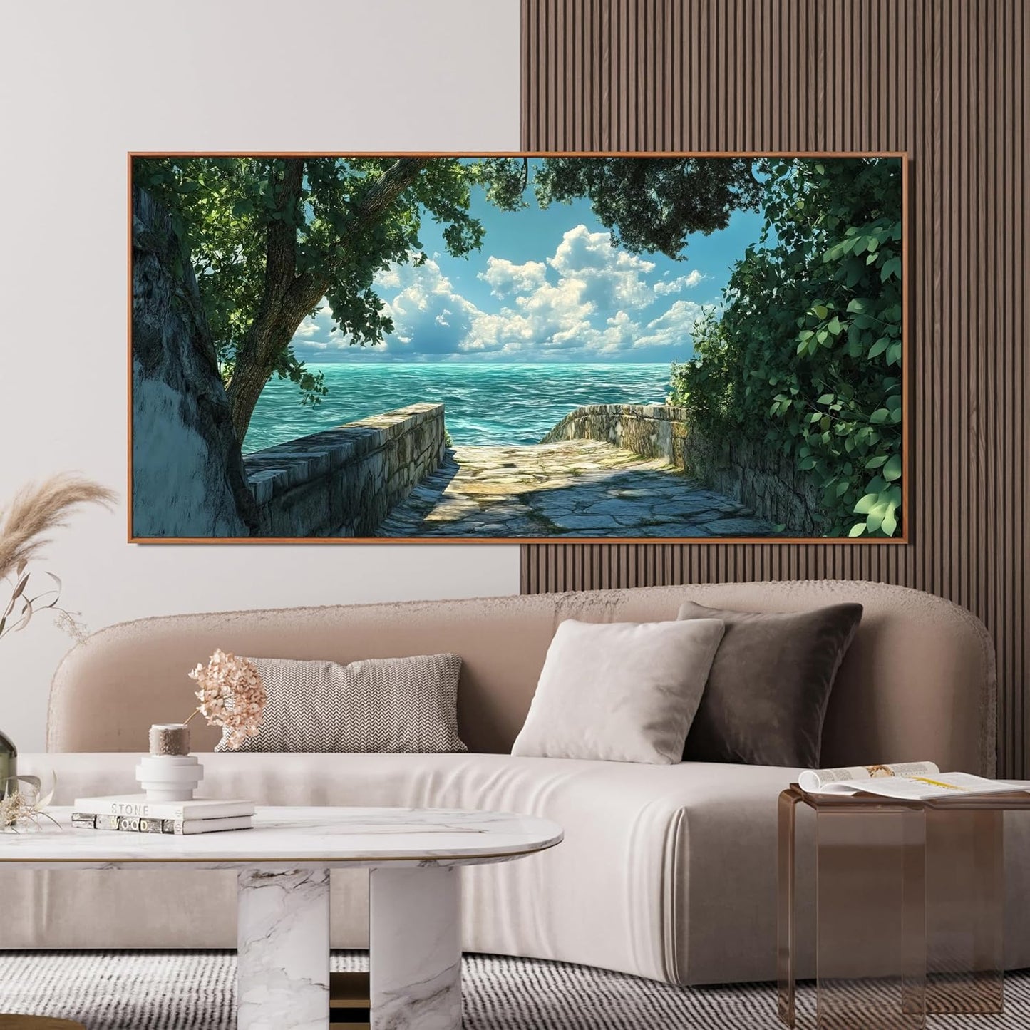 Canvas Wall Art Decor Wall Pictures for Living Room Artwork for Walls Large Landscape Natural Wall Art Decorations Framed Green Coastal Wall Art Prints Seaside Path Home Office Decor 29" x 58"