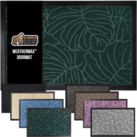 GORILLA GRIP 100% Waterproof All-Season WeatherMax Doormat US Designed Natural Rubber, Stain and Fade Resistant, Low Profile Indoor Outdoor Door Mats, Easy Clean Patio Mat, 17x29, Green Palm