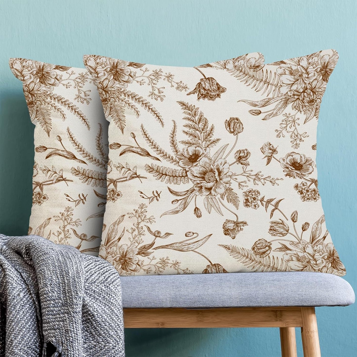 CXMEIFLY Spring Floral Leaves Pillow Covers 22 x 22 Inch Set of 2 for Chinoiserie Flowers Decor Throw Pillows Brown and White Seasonal Plant Outdoor Decorative Cushion Cases for Couch Bed Decorations