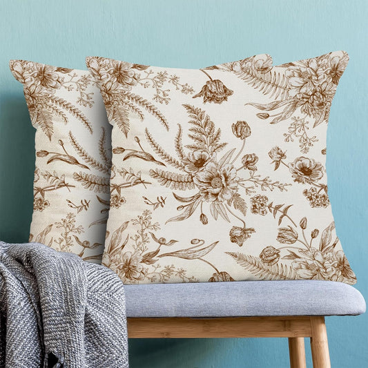 CXMEIFLY Spring Floral Leaves Pillow Covers 16 x 16 Inch Set of 2 for Chinoiserie Flowers Decor Throw Pillows Brown and White Seasonal Plant Outdoor Decorative Cushion Cases for Couch Bed Decorations
