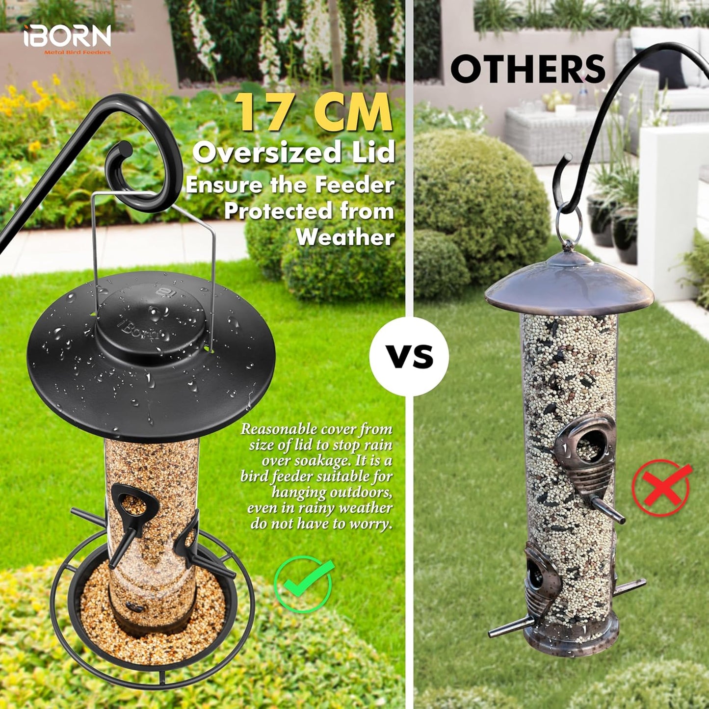 iBorn Metal Bird Feeders for Outdoors, 2LB Bird Seed Feeder 17cm Large Roof &Tray, 4 Feeding Ports, Black Finish