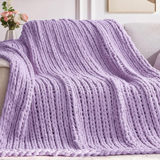 Chunky Knit Throw Blanket, 60''*80'' Knitted Throw Chenille Yarn for Bed Couch, Handmade Light Purple Crochet Big Thick Blanket, Machine Washable Cute Comfy Blanket for Home Decor