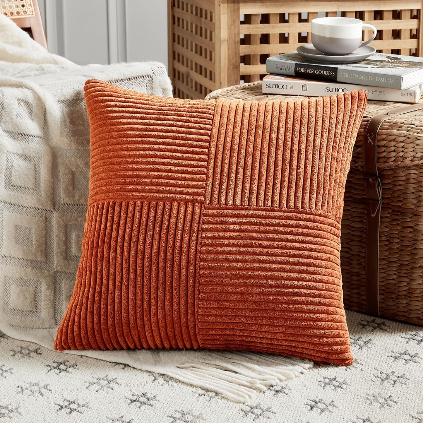 Fancy Homi Set of 2 Burnt Orange Decorative Throw Pillow Covers 22x22 Inch for Living Room Couch Bed, Boho Farmhouse Fall Home Decor, Soft Corss Corduroy Patchwork Textured Cushion Case 55x55 cm