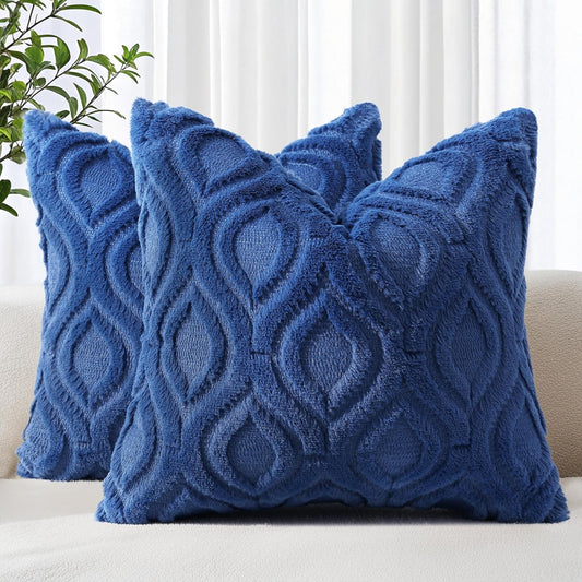 decorUhome Fall Throw Pillow Covers 24x24 Inch Set of 2, Soft Plush Decorative Faux Fur Dark Blue Solid Couch Pillow Covers, Accent Farmhouse Neutral Square Euro Pillow Cases for Sofa Bed Living Room