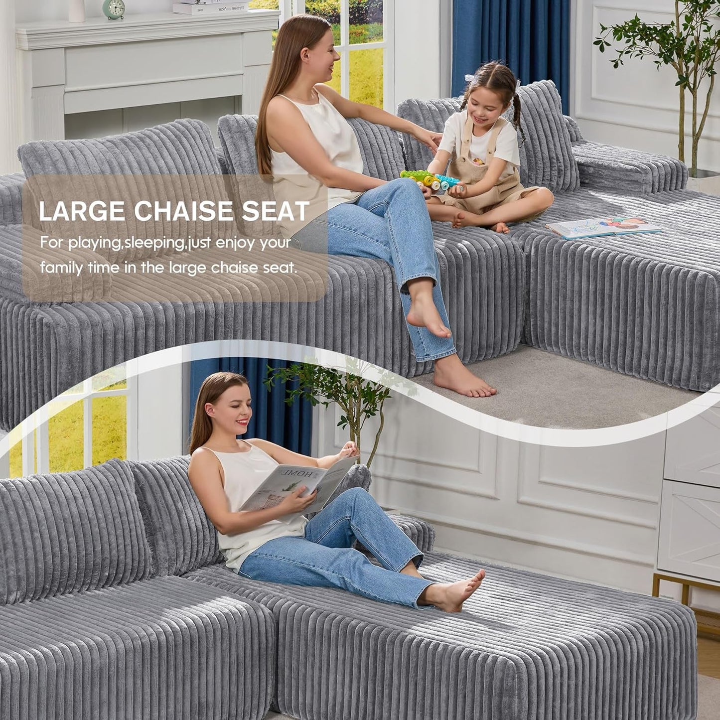 Hobestluk Modular Sectional Sofa Couches 108" L-Shape Couch 3 Seat Modular Sofa Memory Foam Sectional Couches for Living Room, Boneless Couch with Oversized Chaise (Light Grey, Right Facing)