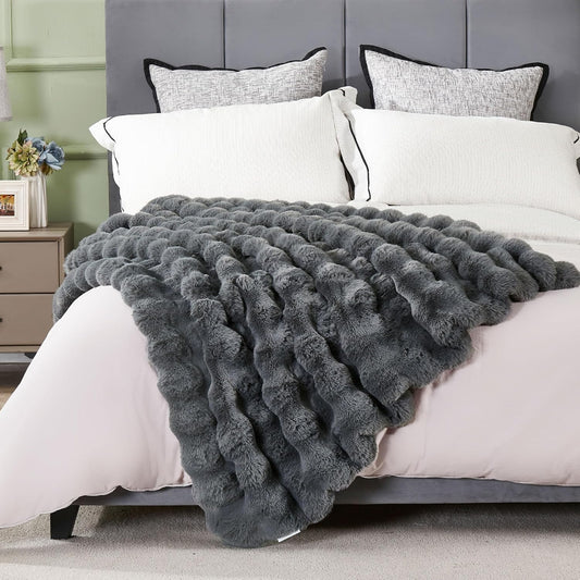 DREAMNINE Large Soft Thick Fuzzy Bubble Faux Rabbit Fur Bed Blanket Queen Size 80" x 90",Reversible Gray Plush Big Warm Shaggy Fluffy Blankets for Sofa, Solid Luxury Cozy Cute Bumpy Furry Blanket,Grey