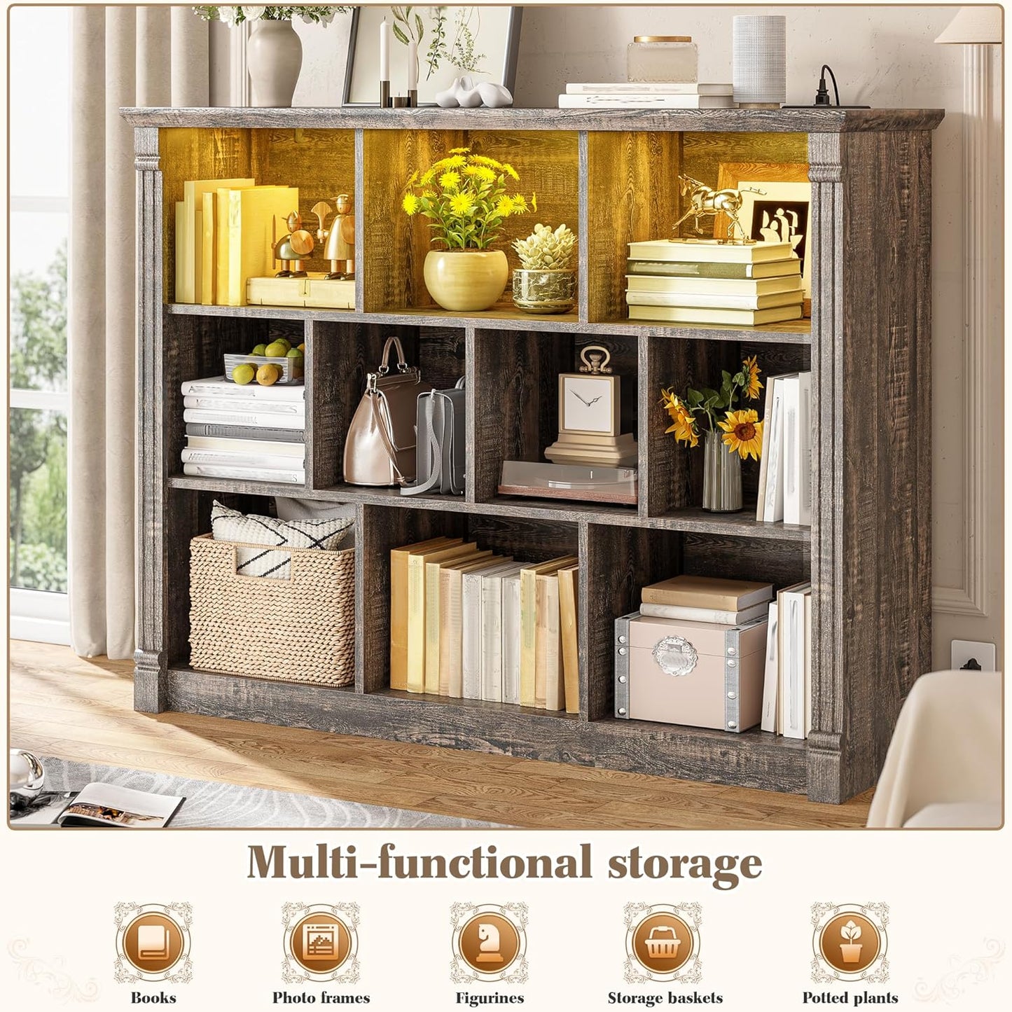 EnHomee 10 Cube Storage Organizer with LED Light and Charging Station Wood Cube Shelf Display Cabinet for Bedroom Living Room,Office,Black Oak