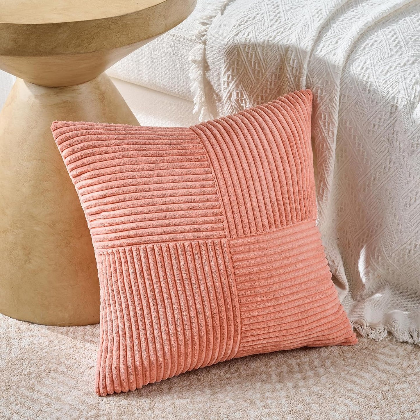 Fancy Homi 2 Packs Coral Samll Decorative Throw Pillow Covers 14x14 Inch with for Couch Bed Sofa, Rustic Farmhouse Boho Home Decor, Soft Corss Patchwork Corduroy Square Peach Cushion Case 35x35 cm