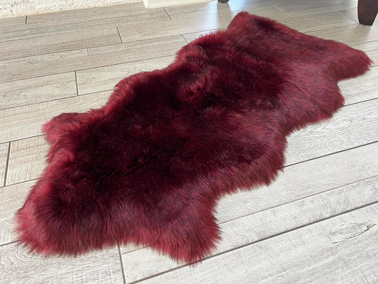 LAMBZY Faux Sheepskin Super Soft Hypoallergenic Free Shape Silky Shag Rug, Luxury Shaggy Plush Carpet for Bedrooms Living Kids Room Sofa Rugs (Burgundy, Single and a Half 2'x4')