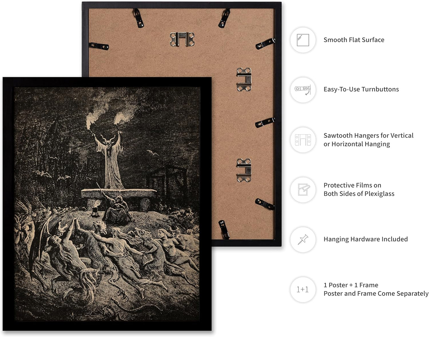 Poster Master Vintage Gustave Dore Poster - Retro Illustration Print - Gift for Gothic, Horror Fan - Dance of Sabbath, Witch, Magic, Spell - Wall Decor for Bedroom, Dorm, 8x10 Black Framed