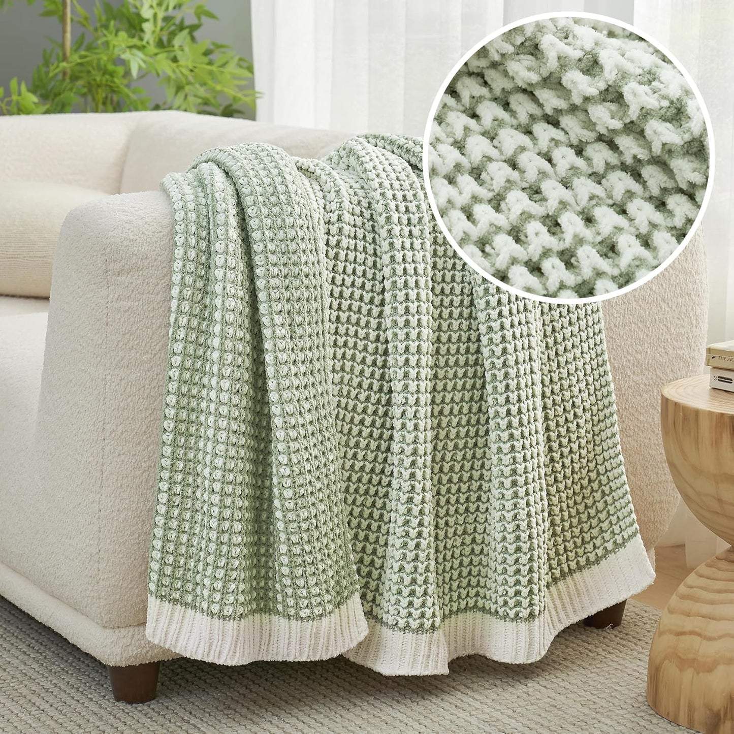 Amélie Home Chenille Waffle Throw Blanket for Couch, Reversible Pineapple Stitch Knit Soft Cozy Knit Blanket Lightweight Warm Decorative Throw for Sofa, Bed, Living Room, 60 * 80", Sage Green&Ivory