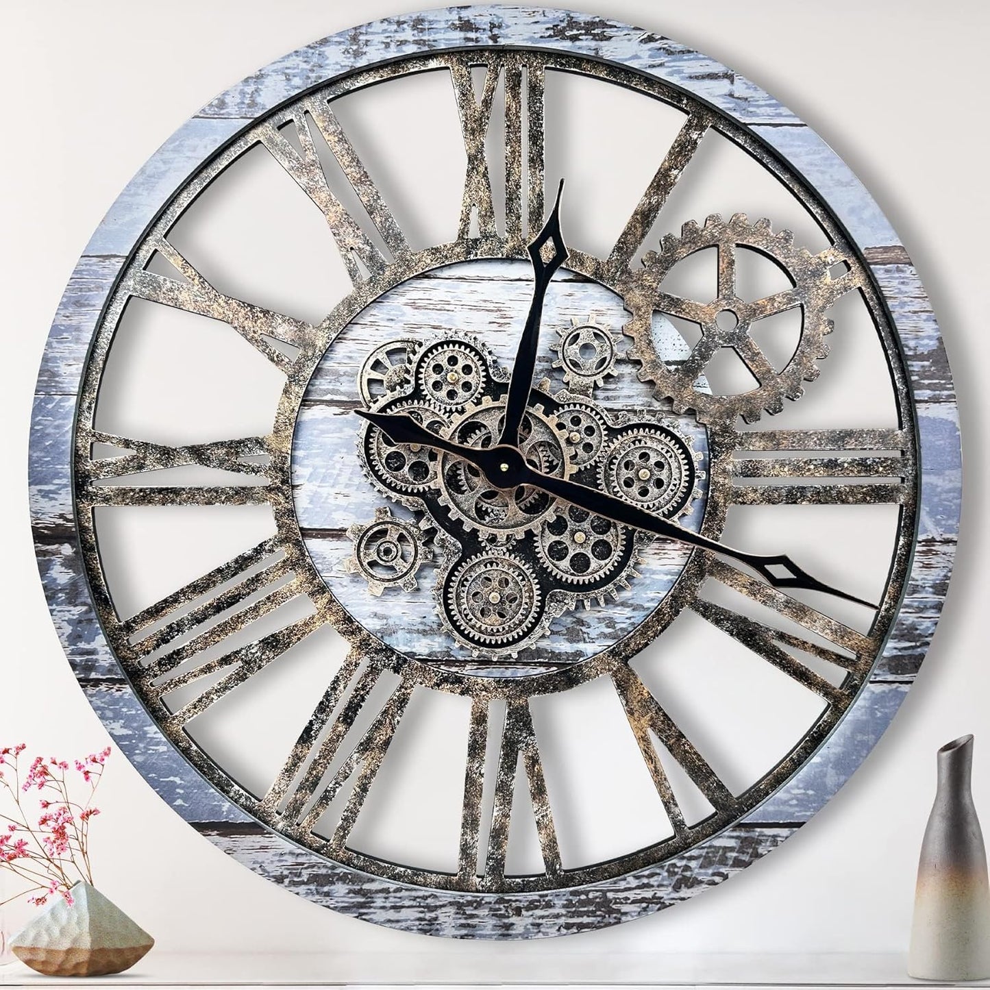 The B-Style Large Wall Clock 24 inch Moving Gear Wall Clock Oversized Vintage Farmhouse Wall Clocks for Living Room Decor Rustic Industrial Wood Clock (Aqua Green, 36 inch/90cm)