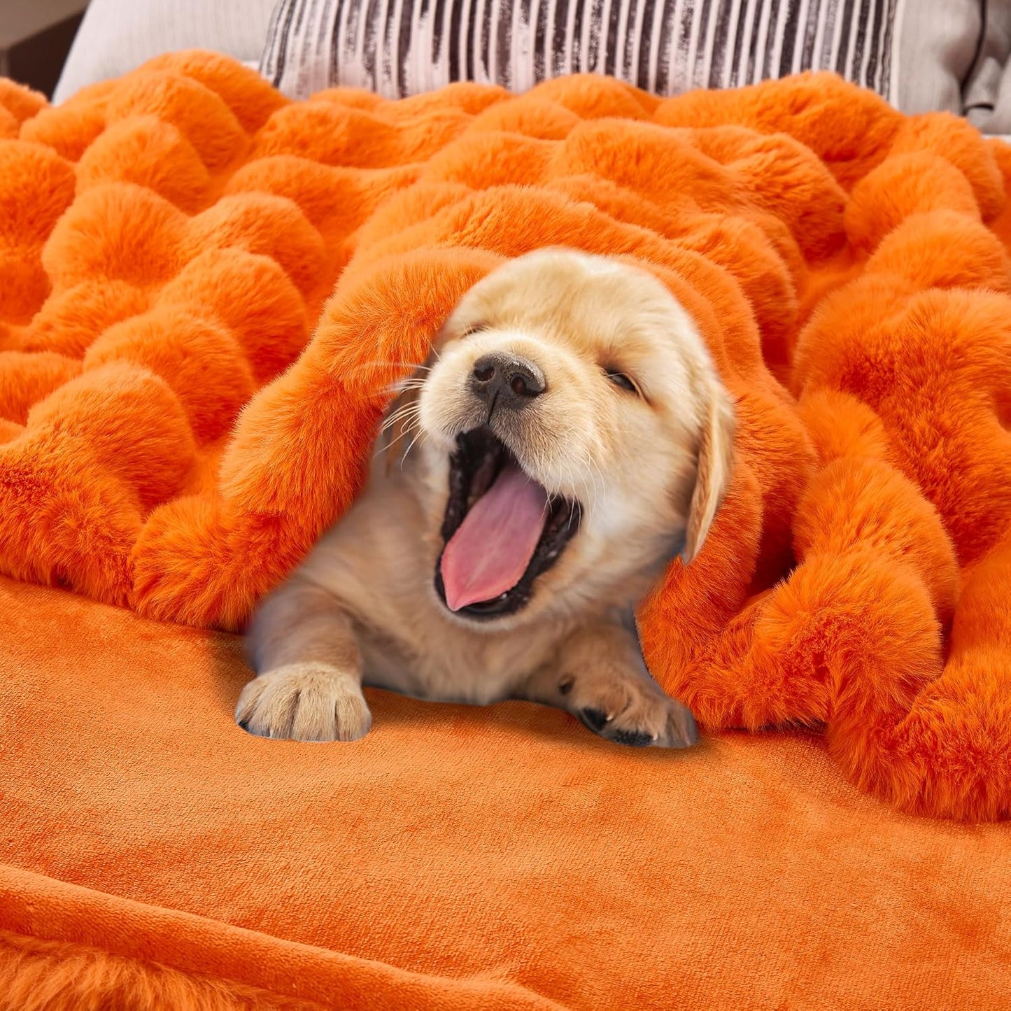 DREAMNINE Large Fuzzy Soft Fall Bubble Faux Rabbit Fur Blanket Full Size 70" x 80", Luxury Big Autumn Plush Fluffy Blankets for Bed, Cute Lovely Cozy Thick Warm Furry Blanket for Winter,Pumpkin Orange