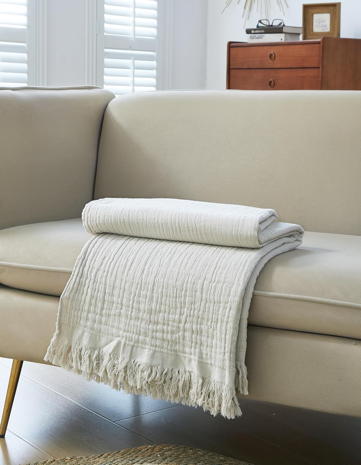 100% Cotton Muslin Throw Blanket for Bed, Couch, Small, Decorative, Soft, Pre-Washed, Breathable and Lightweight Gauze Blanket with Fringes, Suitable for All Seasons, Linen Grey, 50"x60"