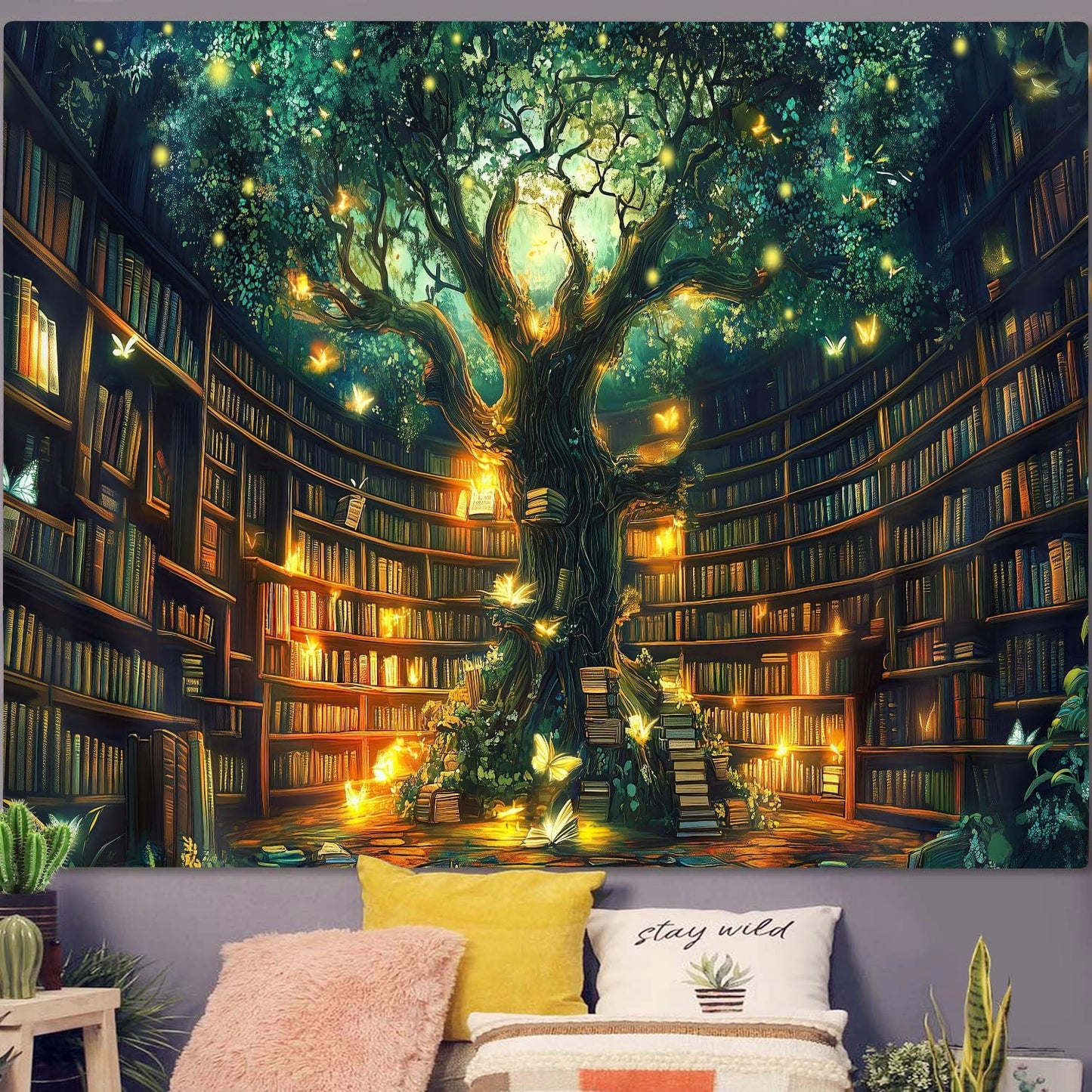 Fantasy Library Tapestry, Fairytale Tree Magic Bookshelf Aesthetic Tapestries for Classroom, Witchy Fairy Tree Mysterious Vintage Bookshelf Book Art Tapestry Wall Hanging College Room Bedroom, 80"X60"