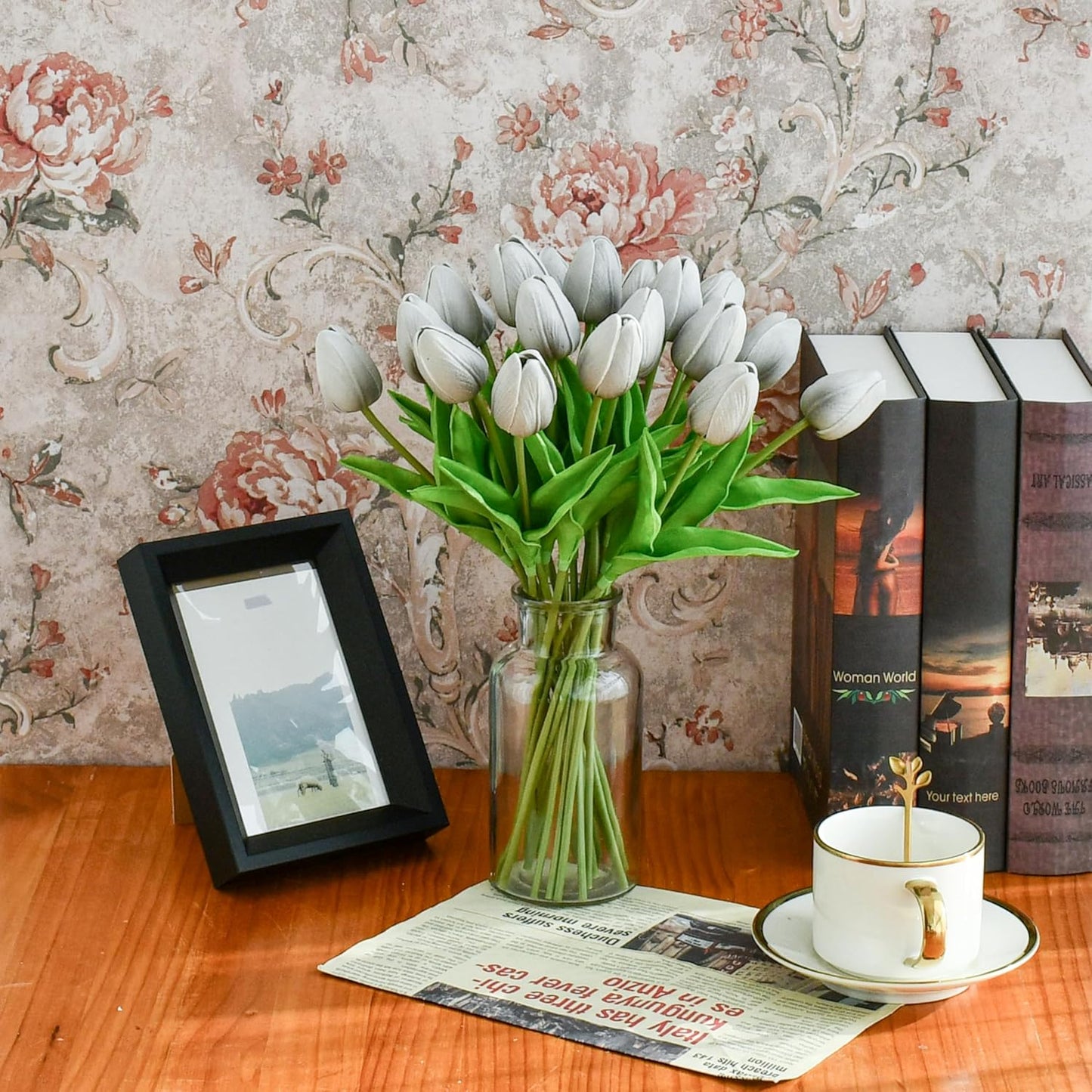 Mandy's Artificial Tulips 20 Stems Silver Grey PU Faux Flowers for Wedding Home Decor 13.5 Inch