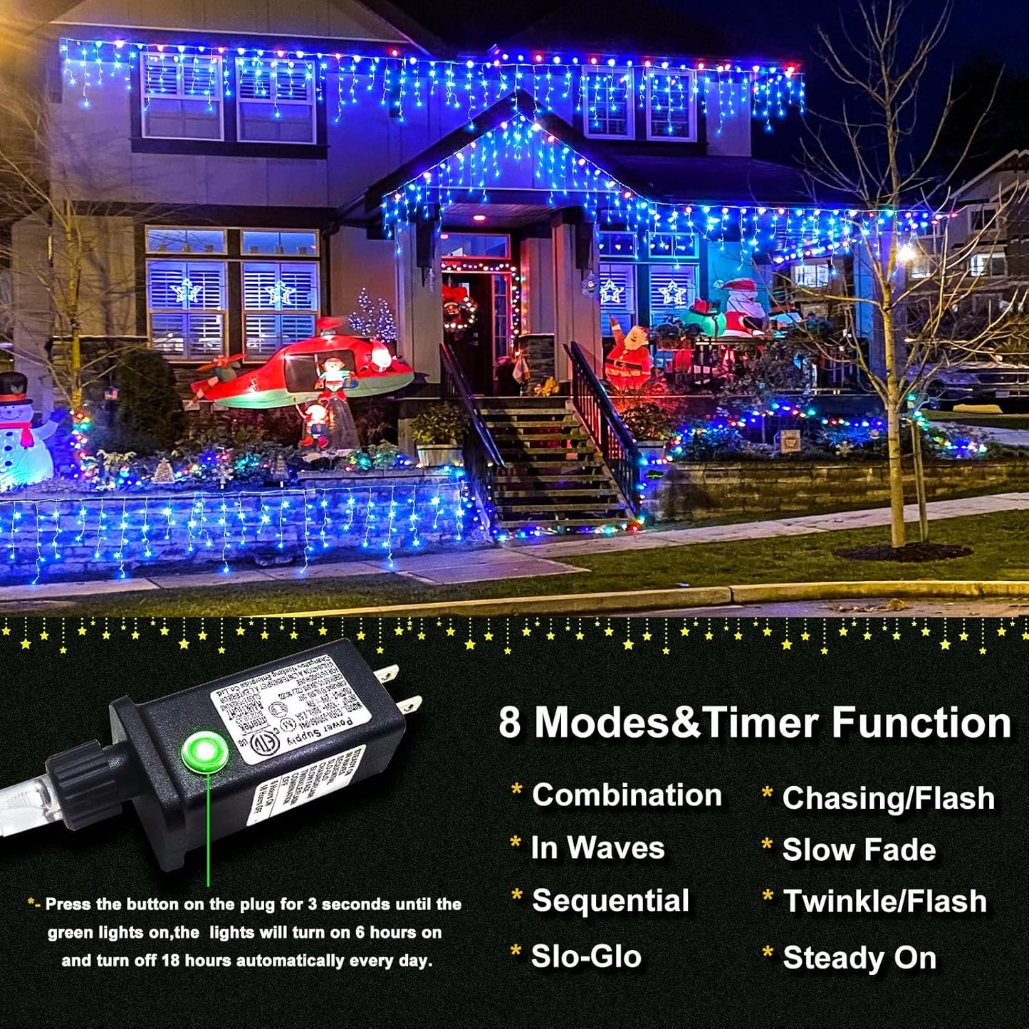 Icicle Christmas Lights Outdoor, 33 FT 400 LED Icicle Lights for Outside 8 Modes with 75 Drops, Plug in Waterproof Hanging Christmas Light for Holiday Pavilion Balcony Decorations, Blue