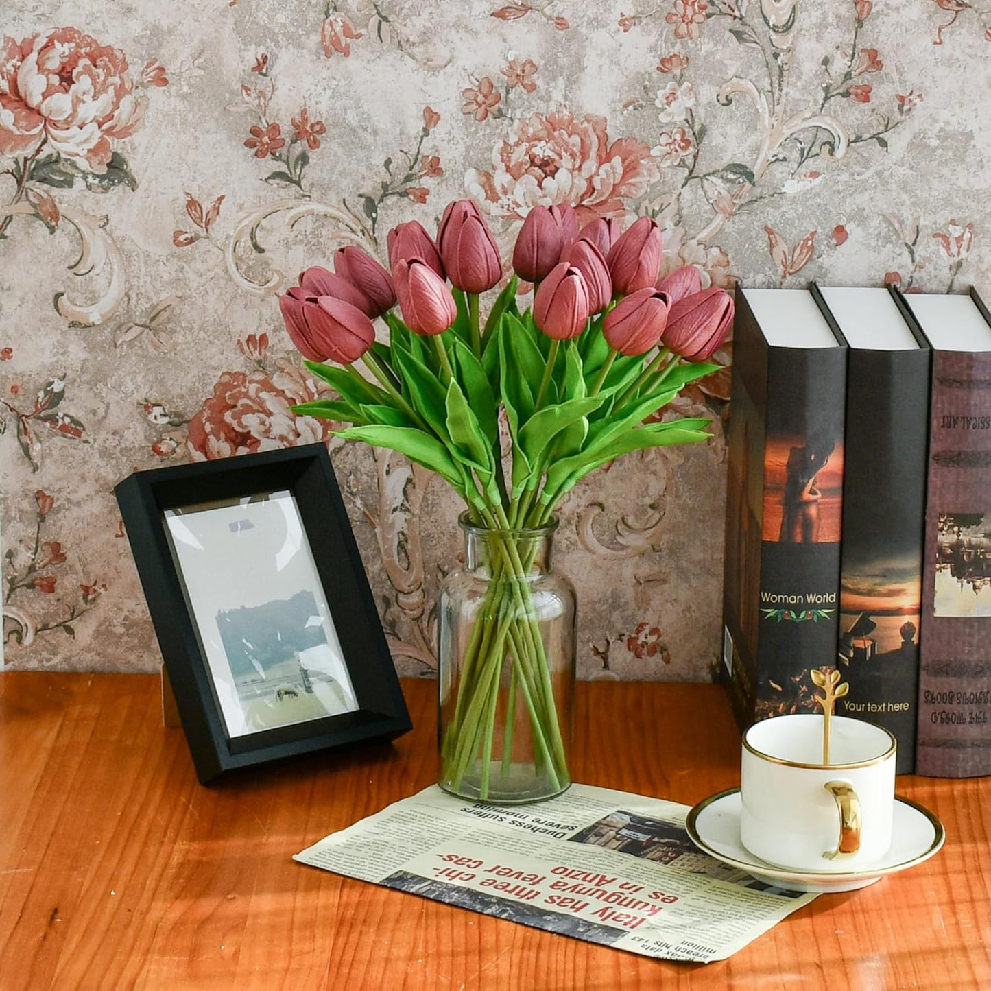 Mandy's Artificial Tulips 20 Stems Mauve PU Faux Flowers for Wedding Home Decor 13.5 Inch