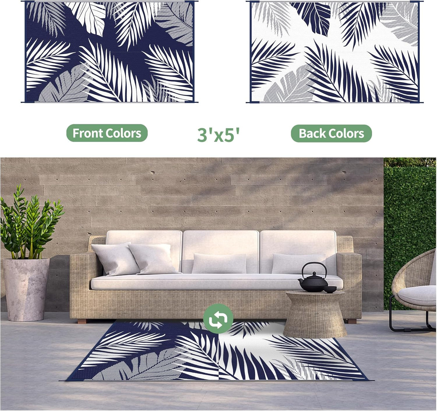 GENIMO Outdoor Rug 3' x 5' Waterproof for Patios Clearance, Reversible Outdoor Plastic Straw Camping Rug Carpet, Large Area Rugs Mats for RV, Camper, Deck, Balcony, Porch, Beach, Navy Blue&White