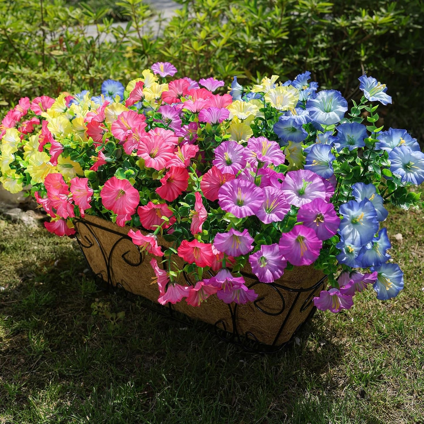 Artificial Flowers for Outdoors Fake Plants Outside Decoration, 12 Bundles Silk Colorful Morning Glory with Eucalyptus UV Resistant Realistic Faux Flowers for Planter Porch Patio Yard Indoor