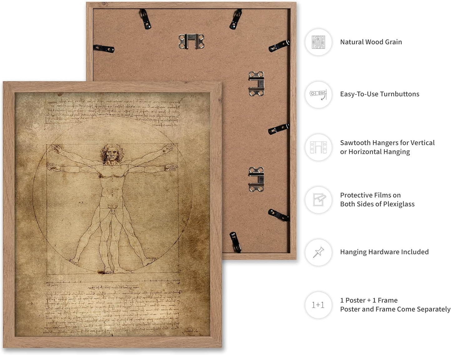 Poster Master Classic Leonardo Da Vinci Poster - Vintage Renaissance Print - Gift for Artist, Friend - Vitruvian Man, Proportion, Symmetry, Human Body - Wall Decor for Office, 8x10 Beige Framed