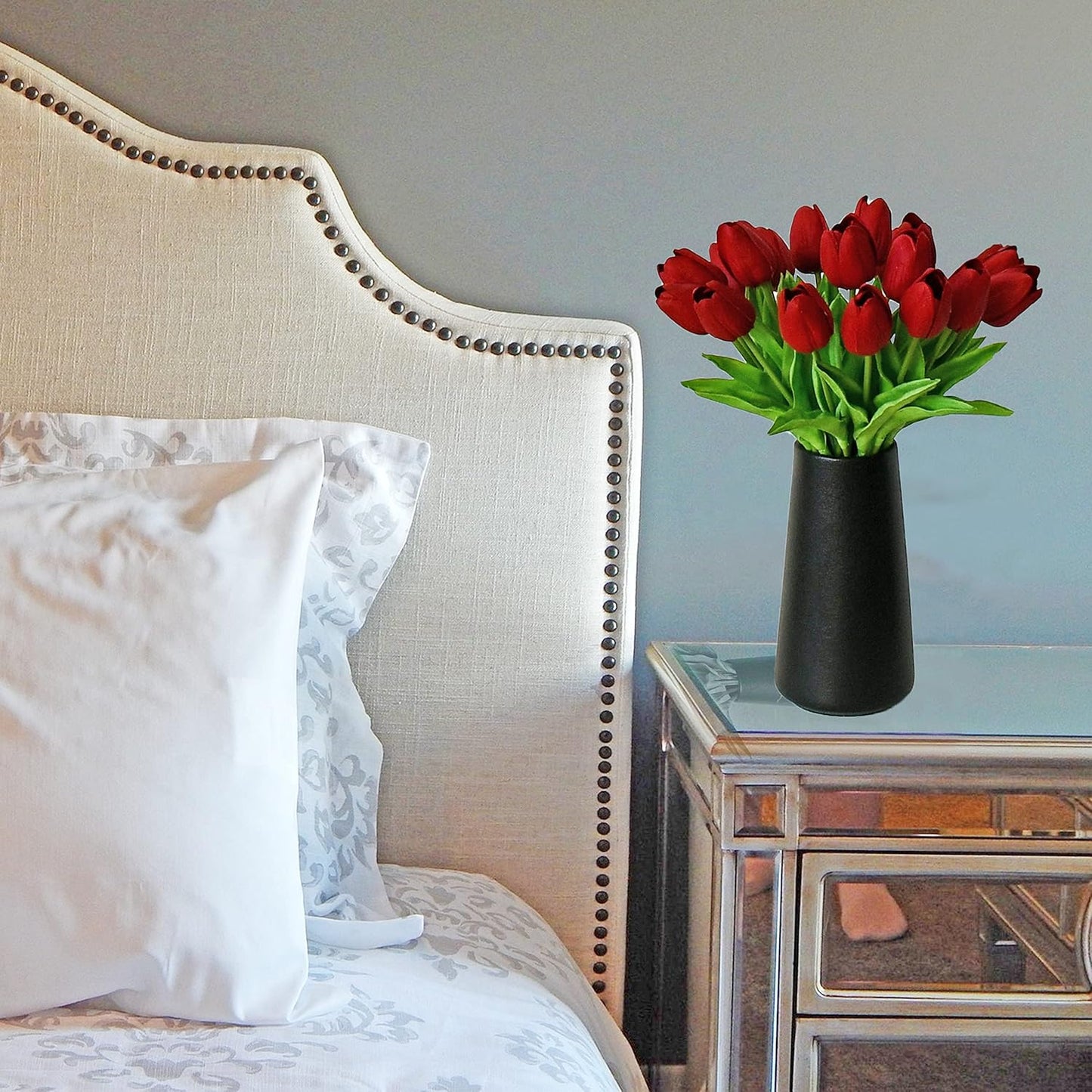 Mandy's Artificial Tulips 20 Stems Burgundy PU Faux Flowers for Wedding Home Decor 13.5 Inch