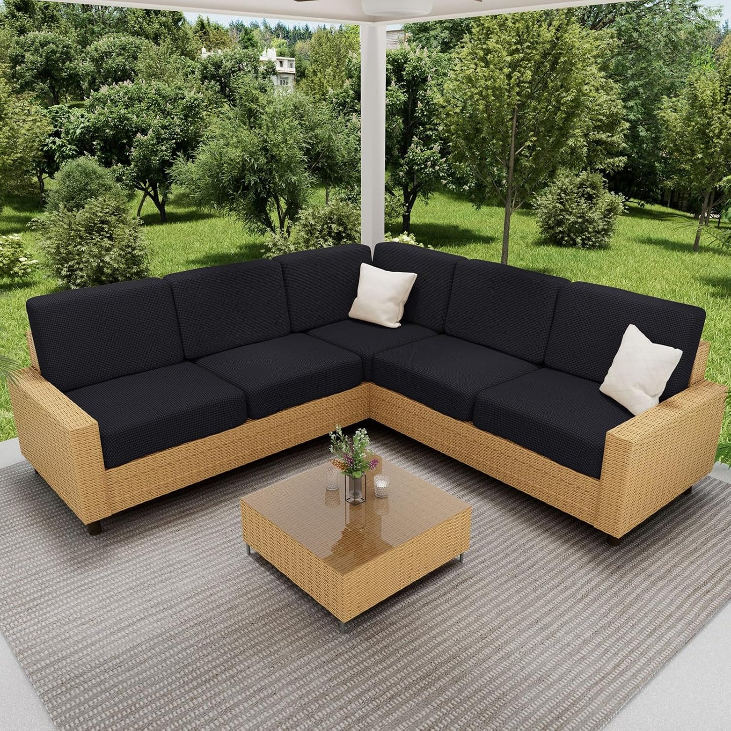 hyha Waterproof Couch Cushion Covers for Pets, Non Slip Sofa Seat Cover for Dogs Washable, Soft Thick Stretch Jacquard Fabric, Sofa Slipcovers with Elastic Bottom (2 Pieces, Black)