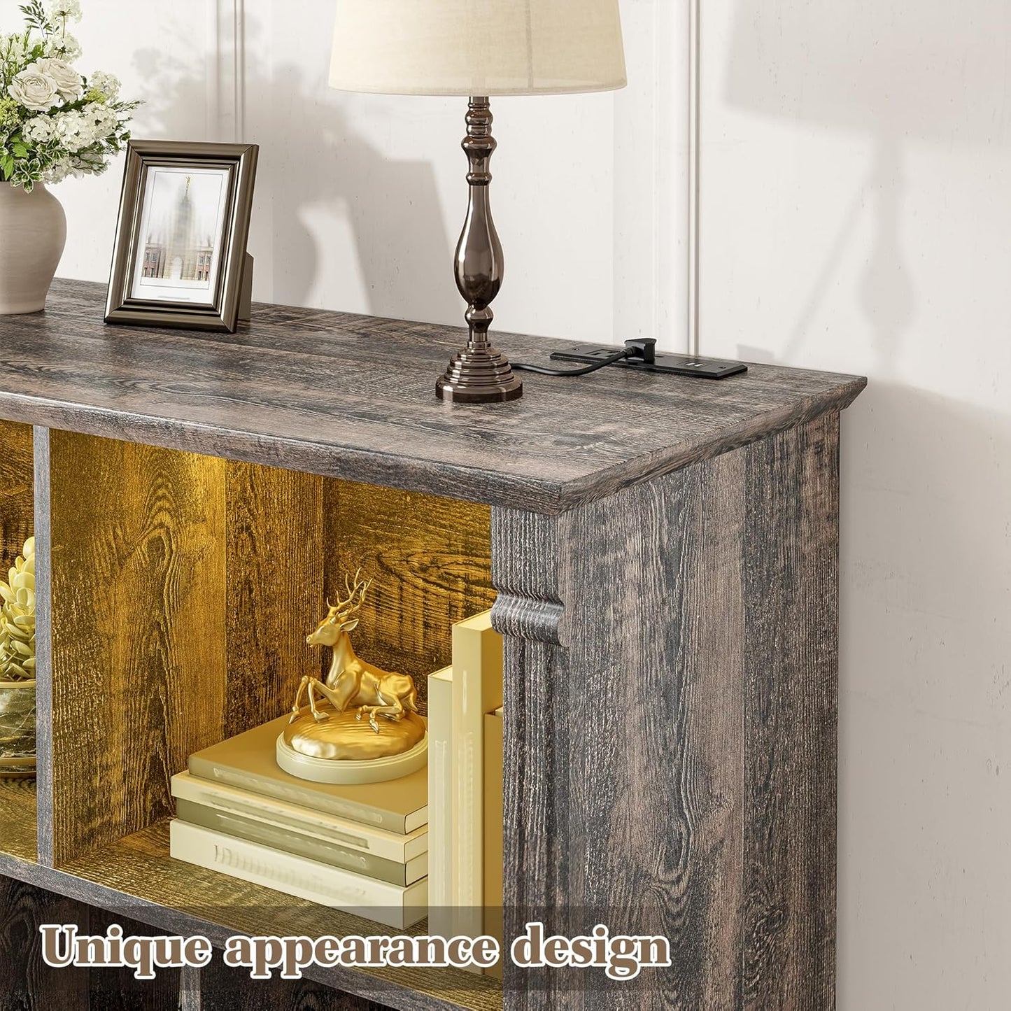 EnHomee 10 Cube Storage Organizer with LED Light and Charging Station Wood Cube Shelf Display Cabinet for Bedroom Living Room,Office,Black Oak