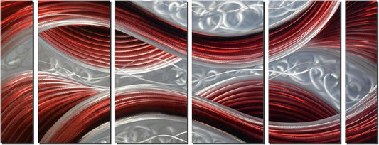 Handmade Abstract Metal Wall Art with Soft Color, Large Scale Decor in Dark Red Line Design Metal Art, 3D Artwork for Indoor Outdoor Wall Decorations, Decorative hanging in 6-Panels Measures 24"x 65"