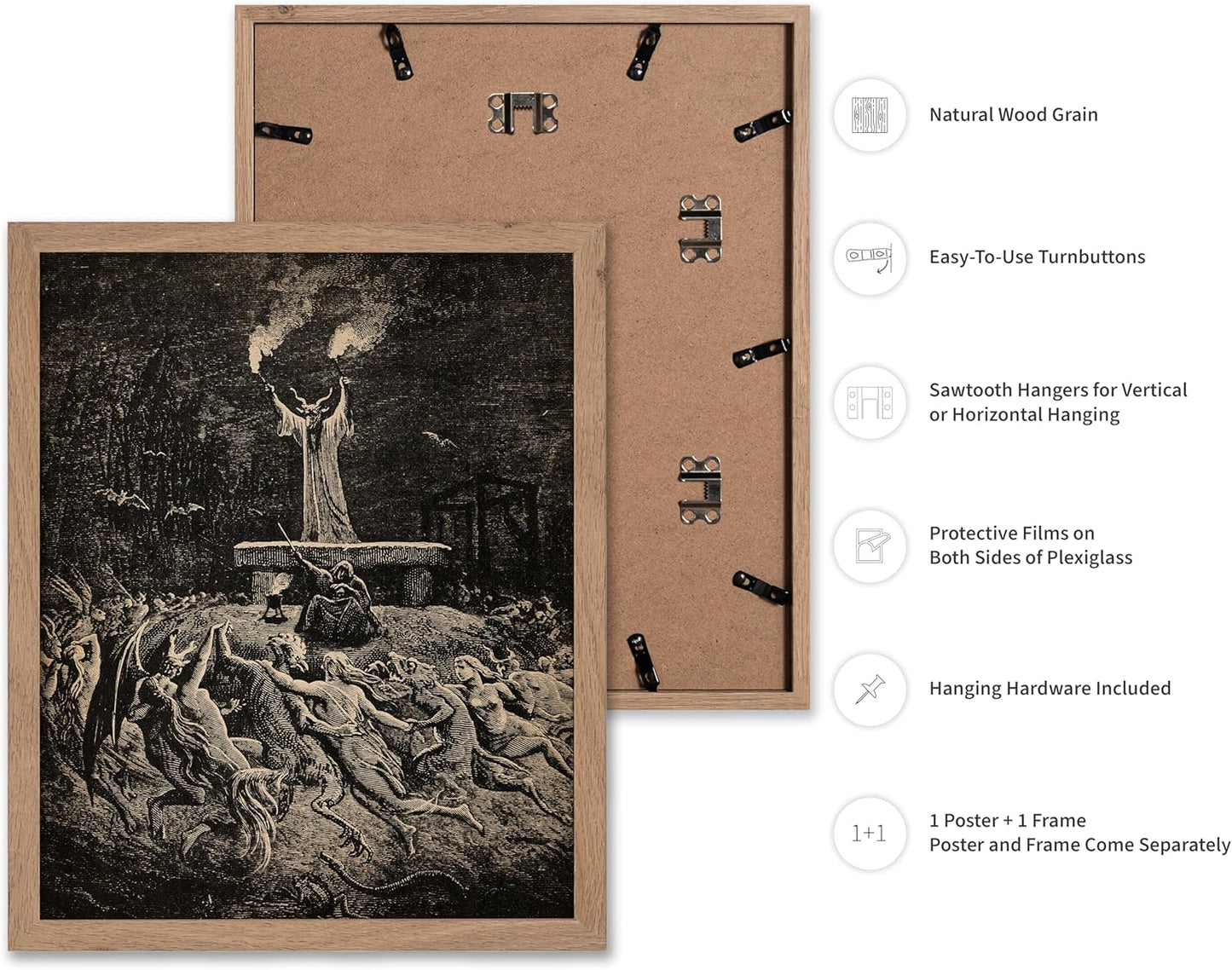 Poster Master Vintage Gustave Dore Poster - Retro Illustration Print - Gift for Gothic, Horror Fan - Dance of Sabbath, Witch, Magic, Spell - Wall Decor for Bedroom, Dorm, 16x20 Beige Framed