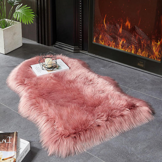 AMTOVO Faux Fur Rug, Blush Pink Small Area Rug, Fluffy Sheepskin Rug, Fuzzy Ultra Soft 2 x 3 ft Shag Rugs for Bedroom Sofa Throw Cushion Room Decor, Sheepskin