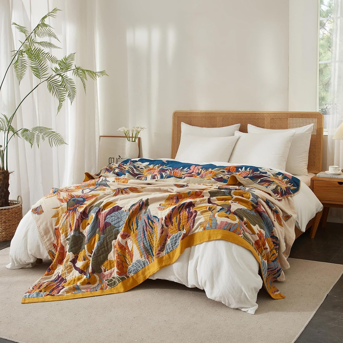 Boho Throw Blanket for Bed 80”x90”, 100% Cotton Woven Blanket for Couch Sofa, Ultra Soft 4-Layer Muslin Quilt with Vintage Floral Printed, Farmhouse Bed Blanket/Cover for Living Room Decor