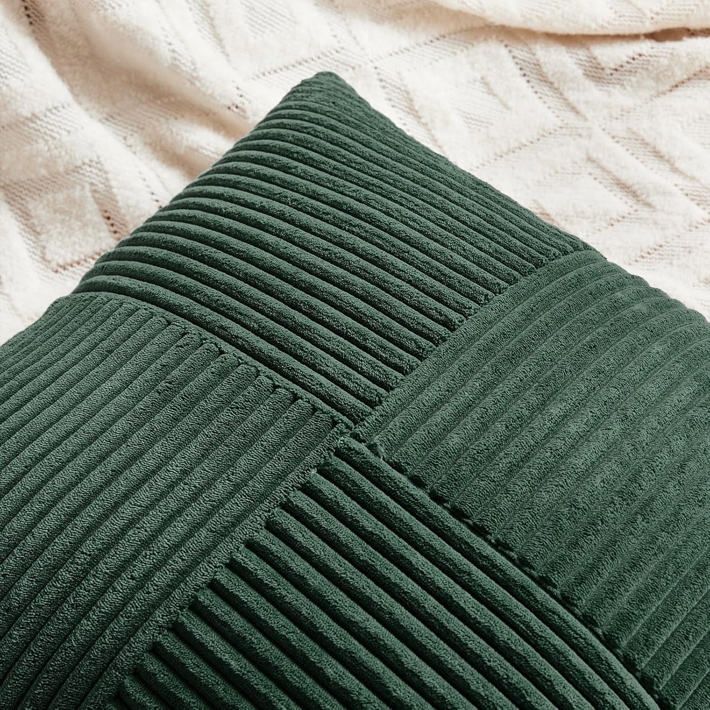 Fancy Homi Set of 2 Dark Green Lumbar Decorative Throw Pillow Covers 12x20 Inch for Living Room Couch Bed, Boho Farmhouse Forest Green Home Decor, Soft Corduroy Corss Patchwork Cushion Case