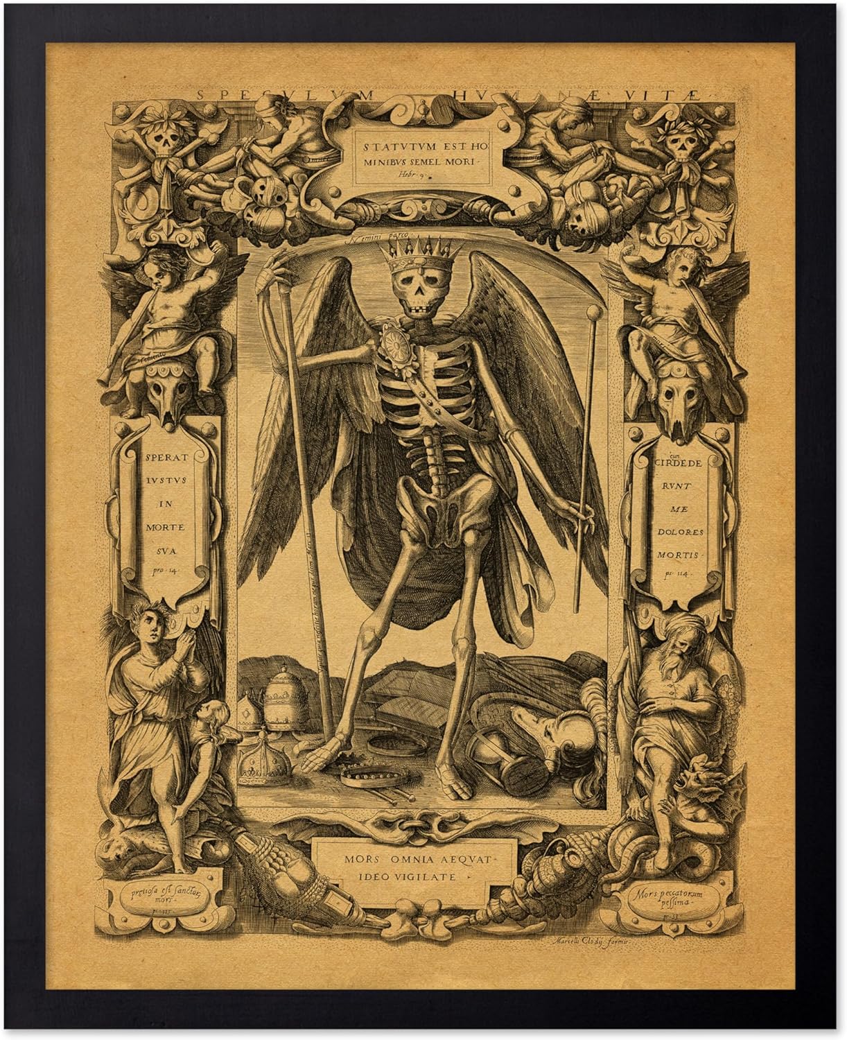Poster Master Vintage Medieval Poster - Retro Gothic Print - Gift for Artist, Friend - Angel of Death, Memento Mori, Life, Skeleton, Dark - Wall Decor for Home, Living Room, 8x10 Black Framed