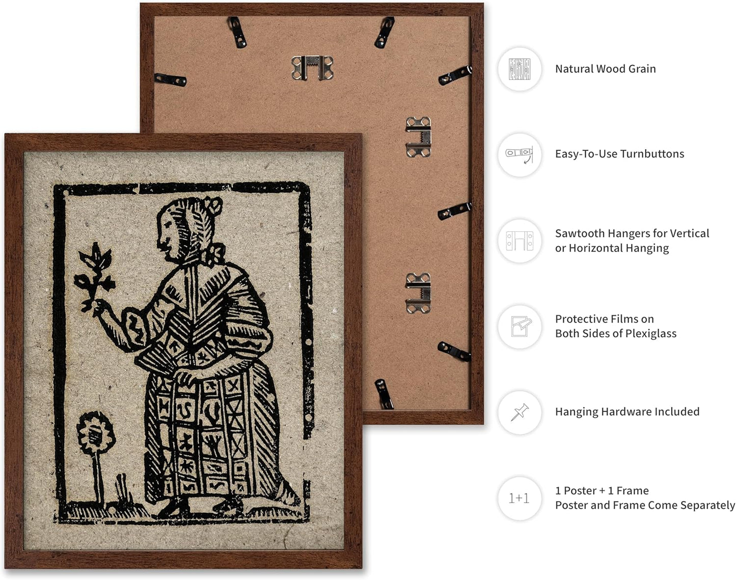 Poster Master Vintage Woodcut Poster - Retro Medieval Print - Gift for Gothic, Horror Fan - Witch Holding a Plant, Magic, Spell, Herbalist - Wall Decor for Bedroom, Dorm, 11x14 Brown Framed