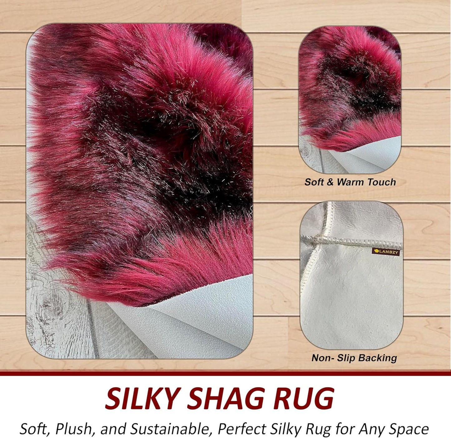 LAMBZY Faux Sheepskin Super Soft Hypoallergenic Free Shape Silky Shag Rug, Luxury Shaggy Plush Carpet for Bedrooms Living Kids Room Sofa Rugs (Burgundy, Double Side by Side 3'x4')