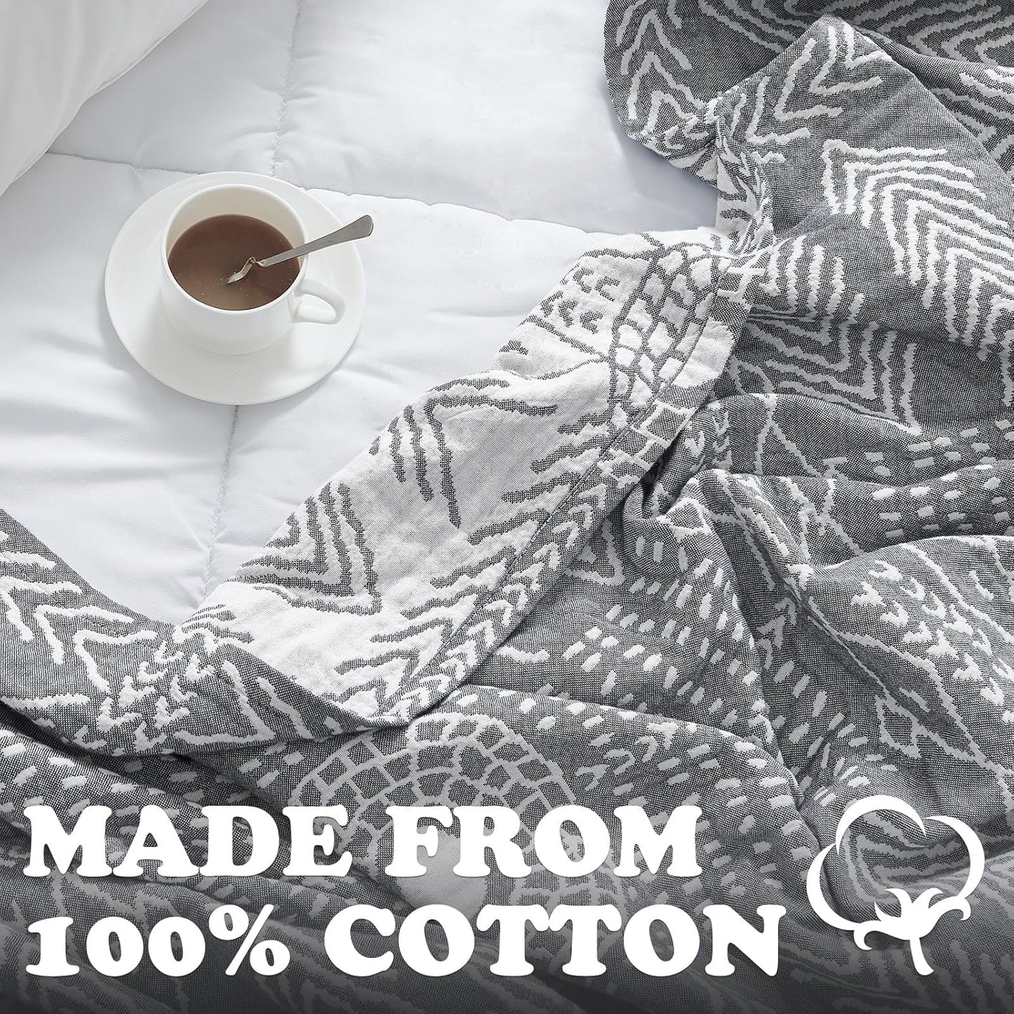jinchan Boho 100% Cotton Muslin Blanket 3-Layer Queen Size 80x90 Inches Geometric Grey Lightweight Reversible Soft Cozy Comfy Throw for Couch Sofa Bed Large Coverlet Quilt Blanket Bedroom All Seasons