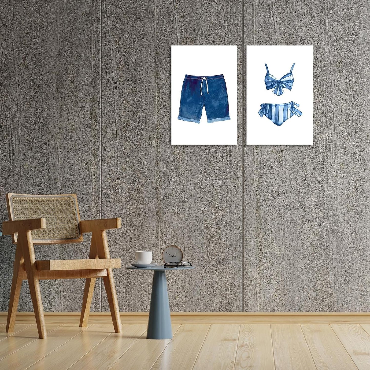 Liyark Set of 2 Retro Navy Blue And White Swimsuit Art Posters Beach Bathing Suit Prints Painting Beach House Wall Art Coastal Wall Decor Pictures For Bathroom Home Decoration 12x16in Framed