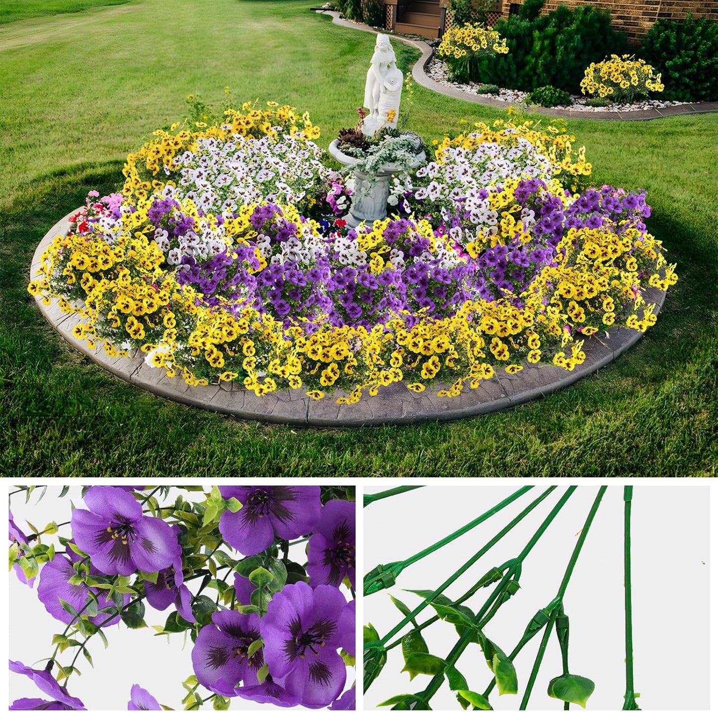 18 Bundles Artificial Fake Pansy Flowers for Outdoor, Faux UV Resistant Silk Pansies Flowers for Outside Planter Front Door Porch Yard Patio Window Box Home Decor (18, Purple, Yellow, White)