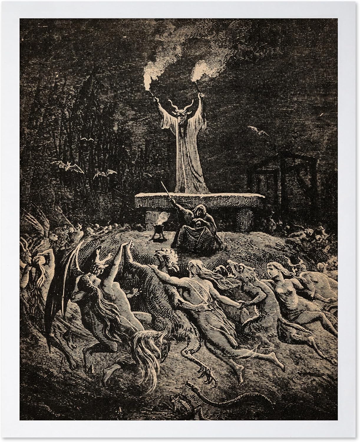Poster Master Vintage Gustave Dore Poster - Retro Illustration Print - Gift for Gothic, Horror Fan - Dance of Sabbath, Witch, Magic, Spell - Wall Decor for Bedroom, Dorm, 11x14 White Framed